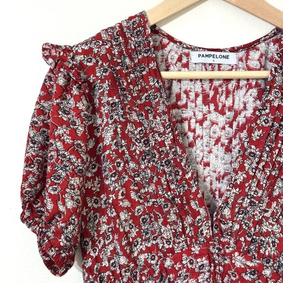 Pampelone Floral Dress Pleated Ruffle Deep V-Neck Puff Sleeve Tiered Babydoll - Picture 2 of 15